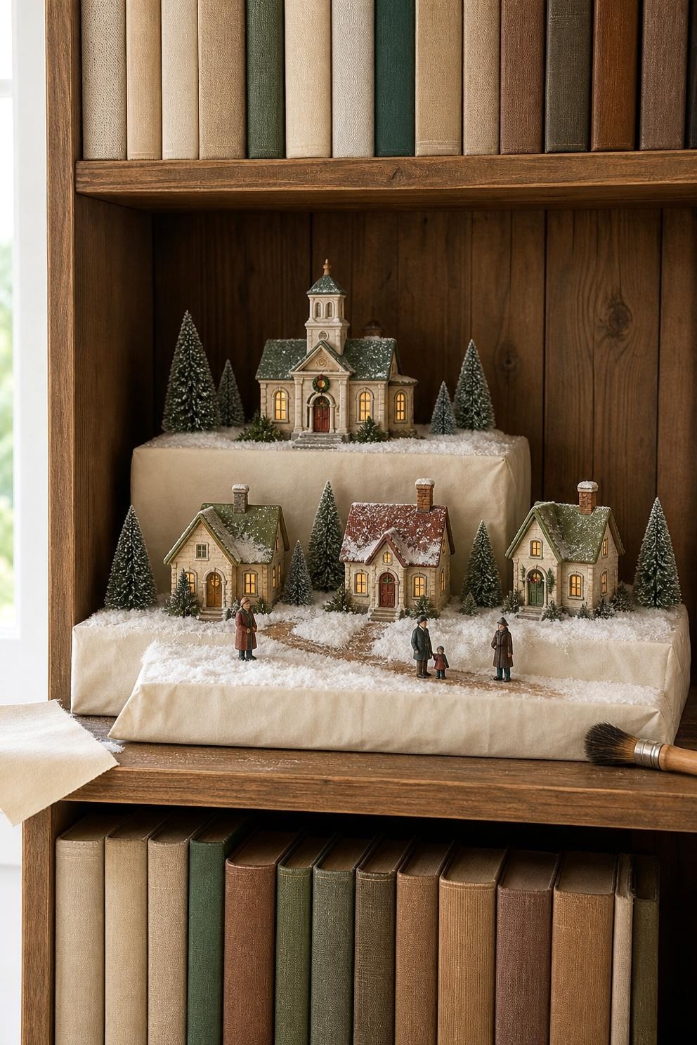 Christmas village on a snowy wrapped platform on a bookshelf shelf, with cottages, a church and small figures on a path