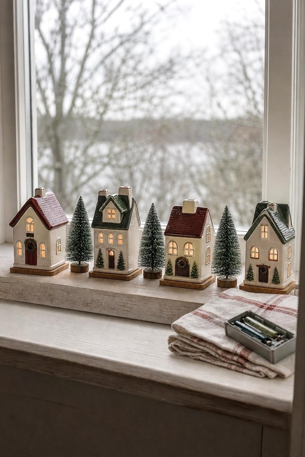 Four small Christmas village houses with bottle-brush trees on a deep windowsill with a view of bare trees