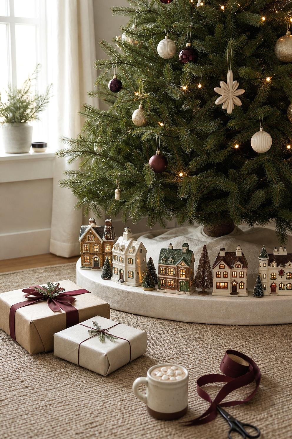 Row of small lit Christmas village houses on a round white base around the foot of a decorated Christmas tree