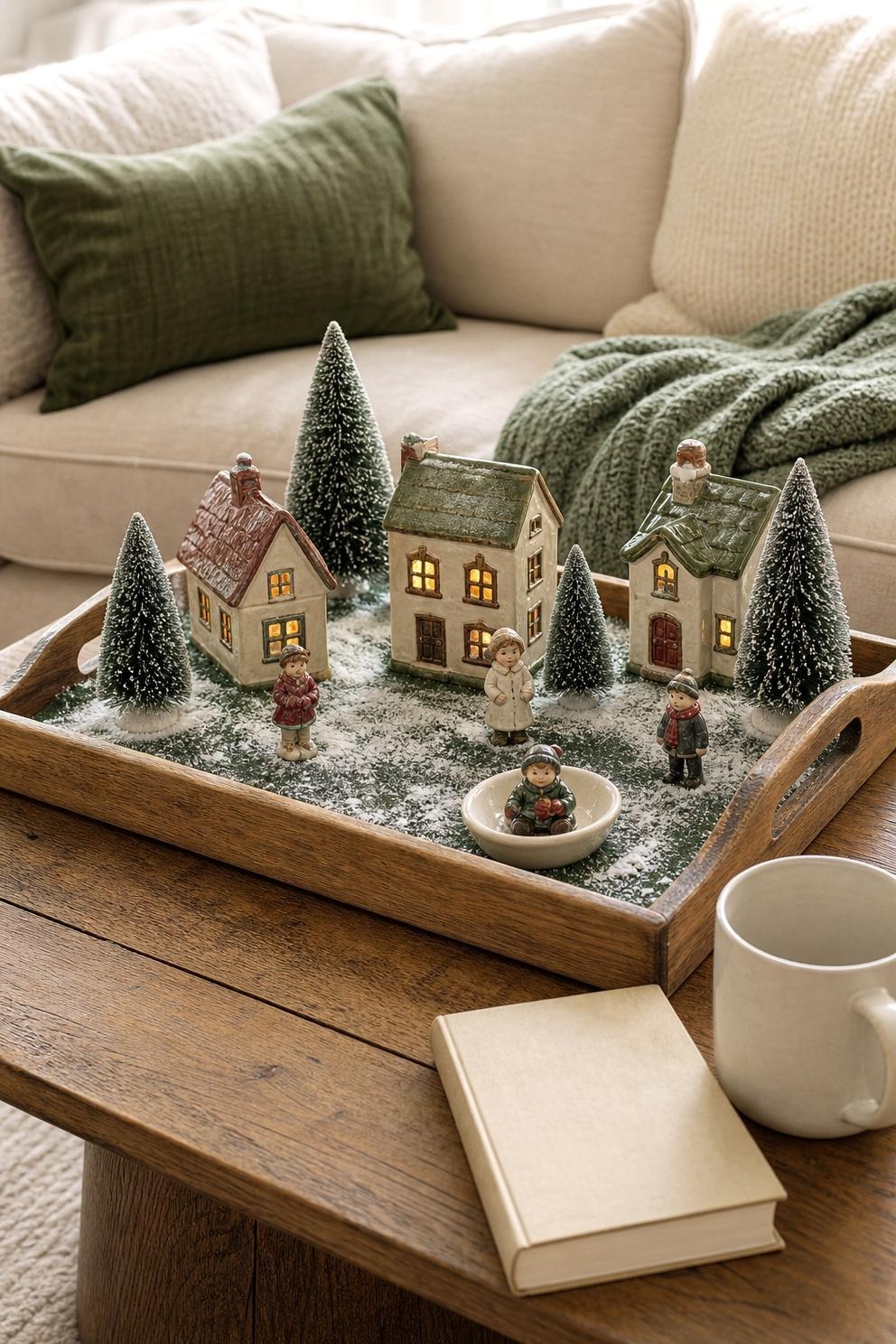Small Christmas village on a wooden tray with snow, trees and figurines on a coffee table beside a mug