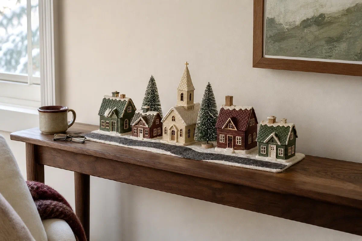 Miniature Christmas village of small cottages and bottle-brush trees in a row on a narrow console table by a window