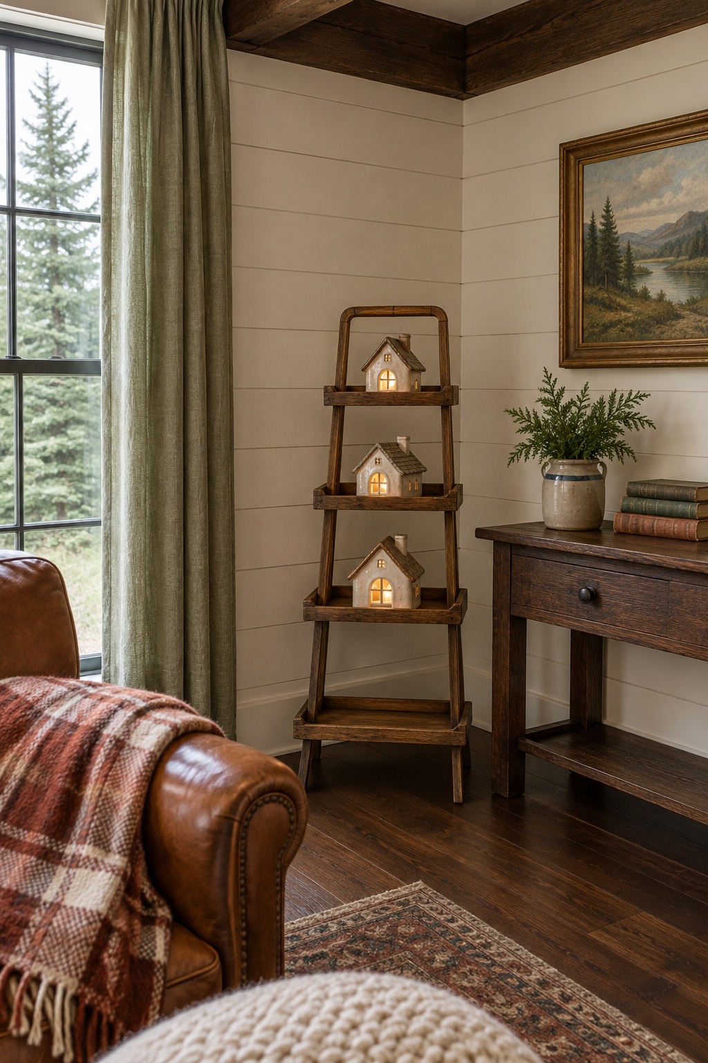 Three-tier wooden stand in a living room corner with one small lit house on each tier