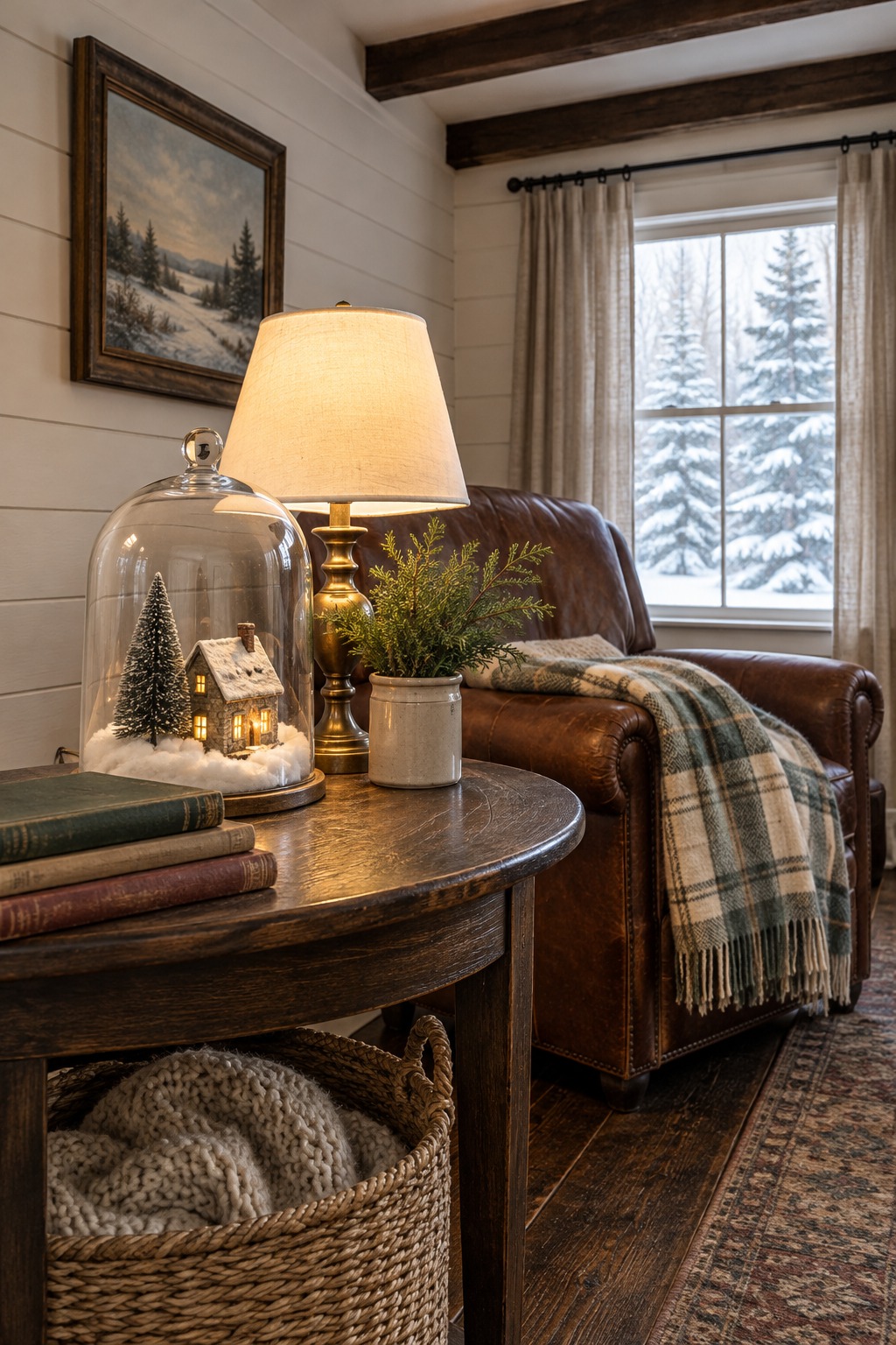 Glass cloche on a side table covering one small lit cottage and a bottle-brush tree on a snowy base, beside a lamp