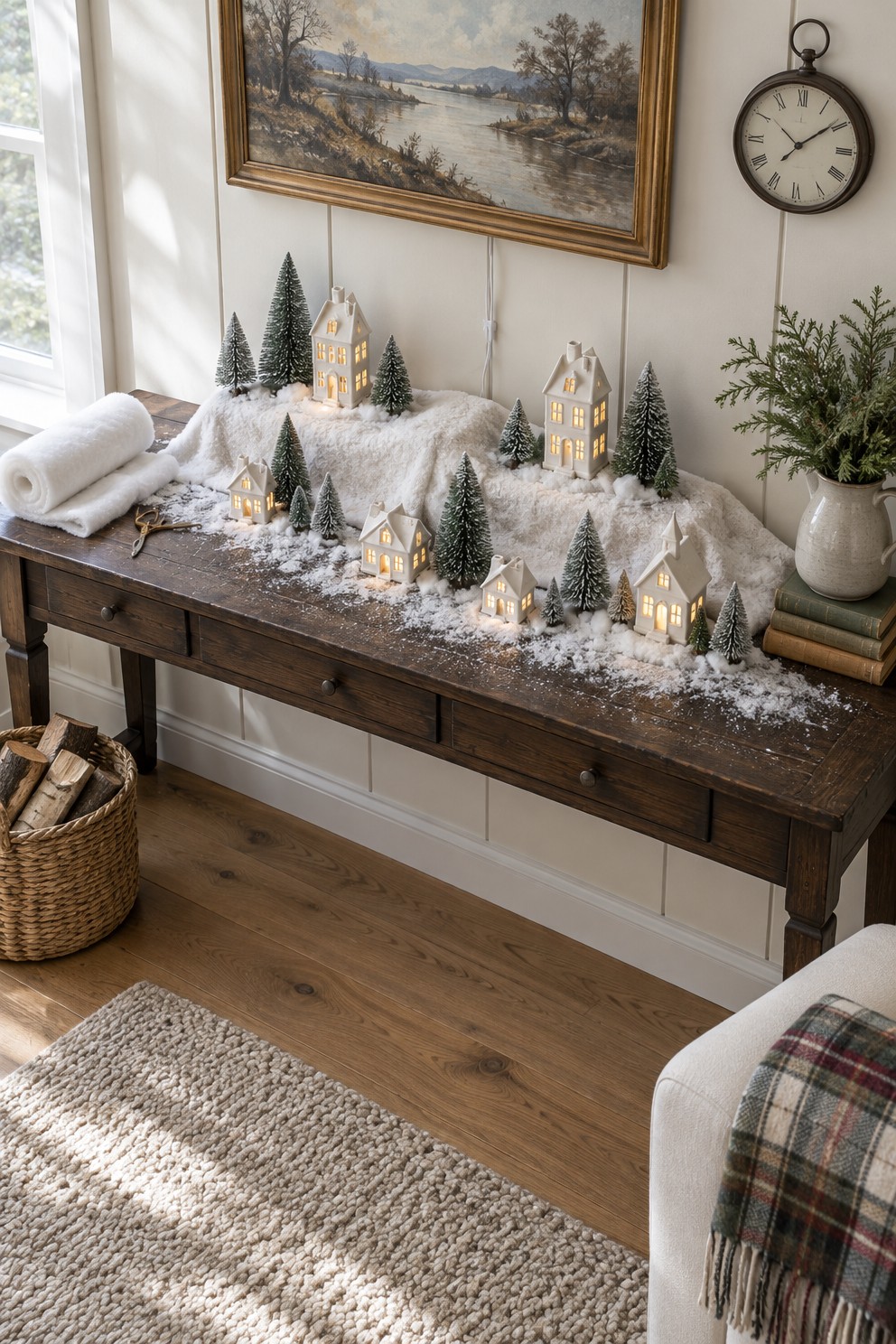 Christmas village on a console table with hills made from boxes under a white fleece throw and a roll of batting beside it