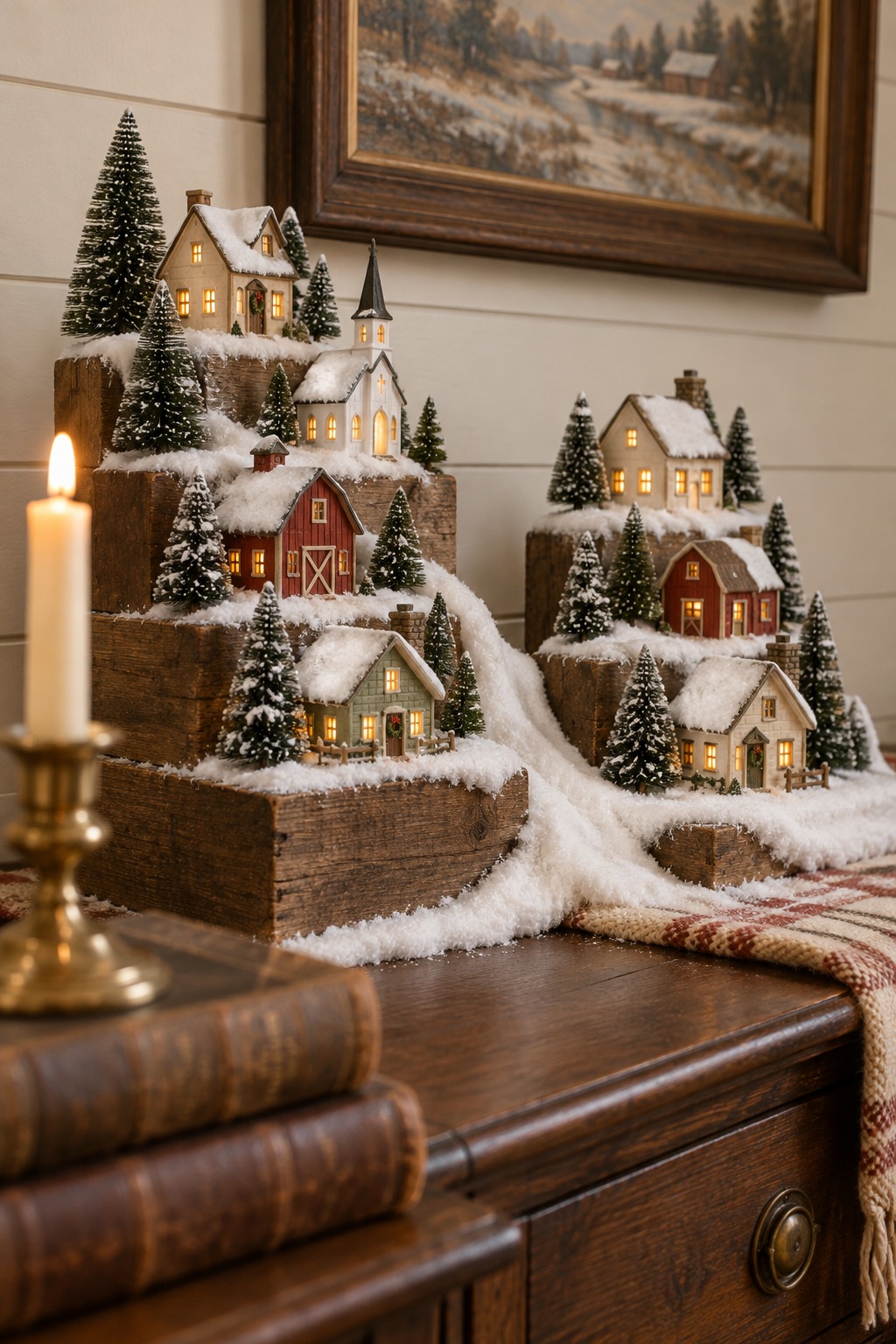 Close view of wooden tiered risers under a white snow blanket with small village houses and bottle-brush trees stepped up the hill
