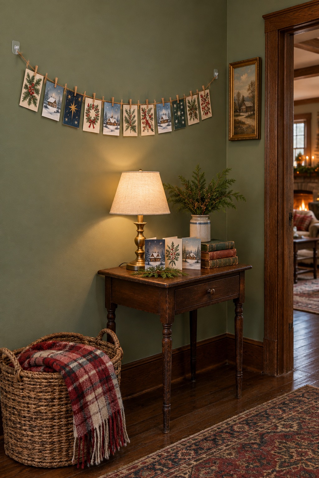 Christmas cards of the same size on a twine line with mini wooden clothespins on a green wall beside a doorway, with a lamp and a few cards standing open on a table below