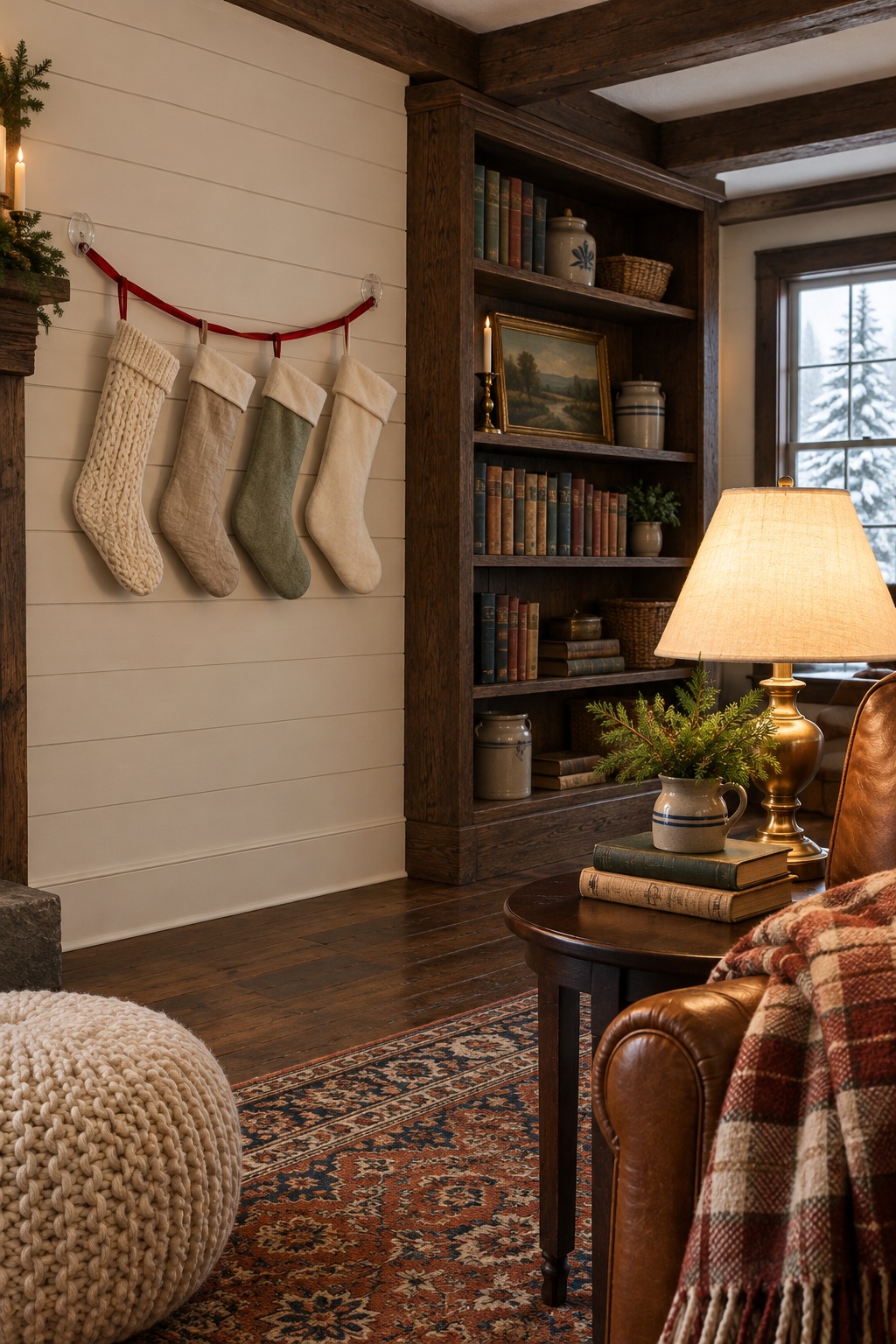 Four light stockings hung from one red ribbon between two clear hooks on a wall beside a bookcase and a lamp