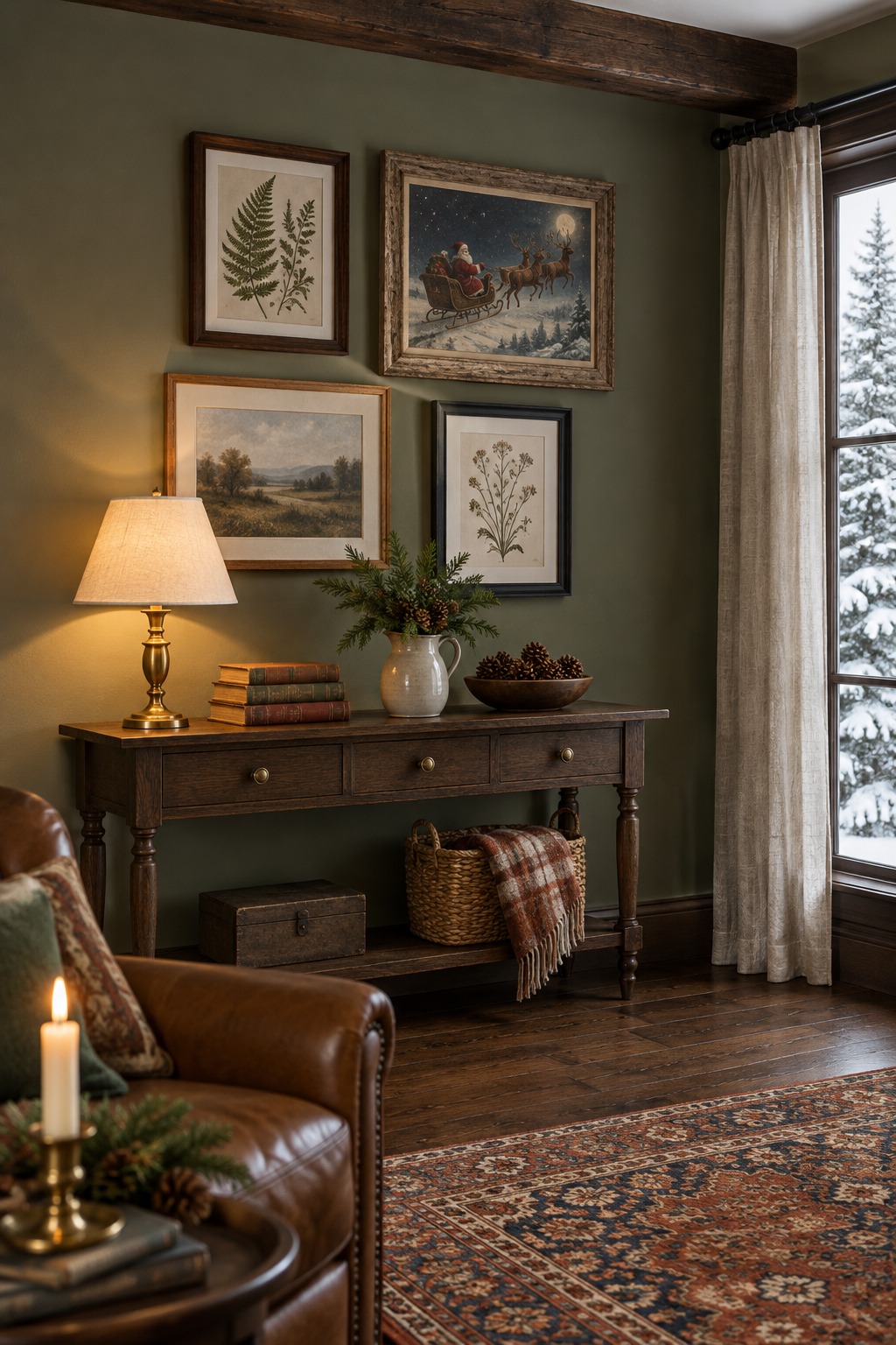 Gallery wall of four frames holding botanical and landscape prints and one vintage Santa and sleigh print, above a console table with a lamp