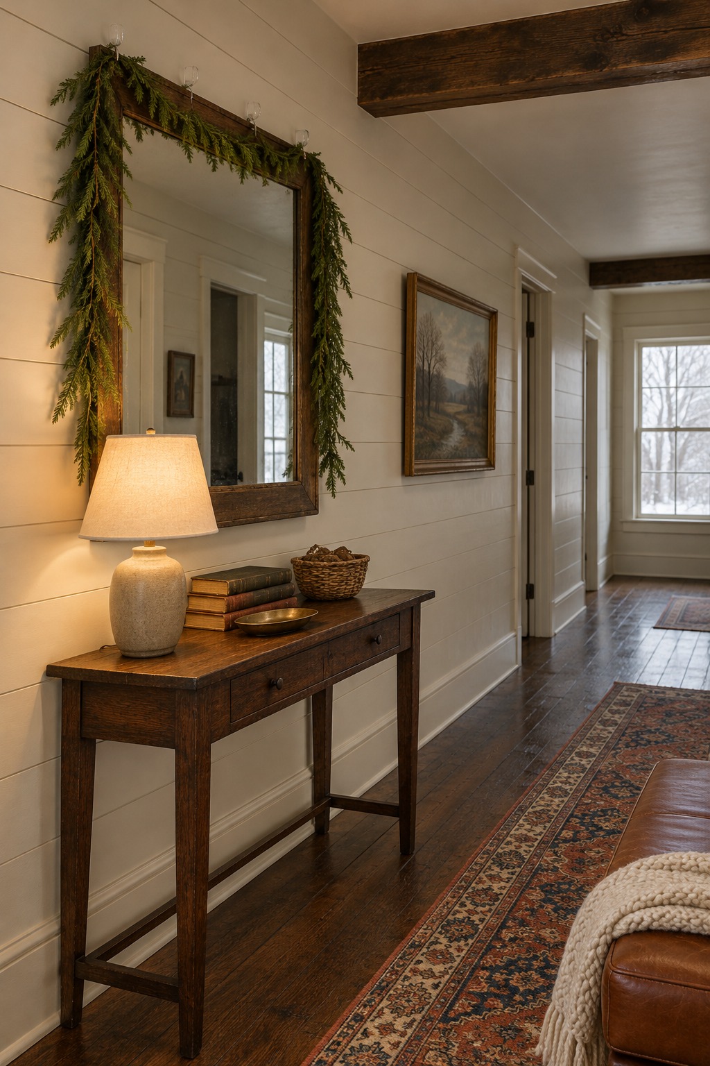 Hallway mirror framed by a small cedar garland across the top and down both sides on clear hooks, above a narrow console with a lamp