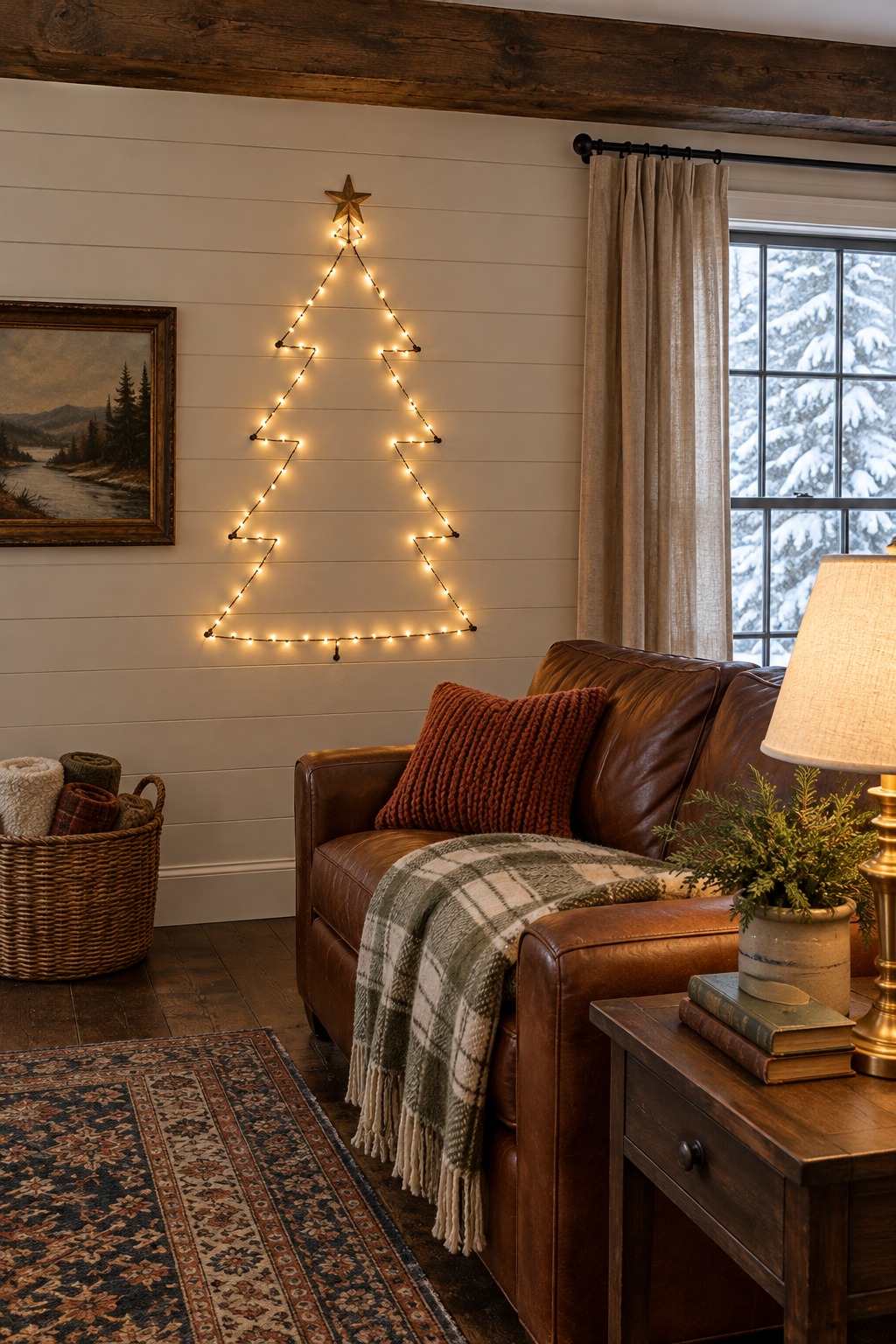 Christmas tree outlined on a living room wall with a string of warm white lights and a small star on top, beside a leather sofa and a lamp