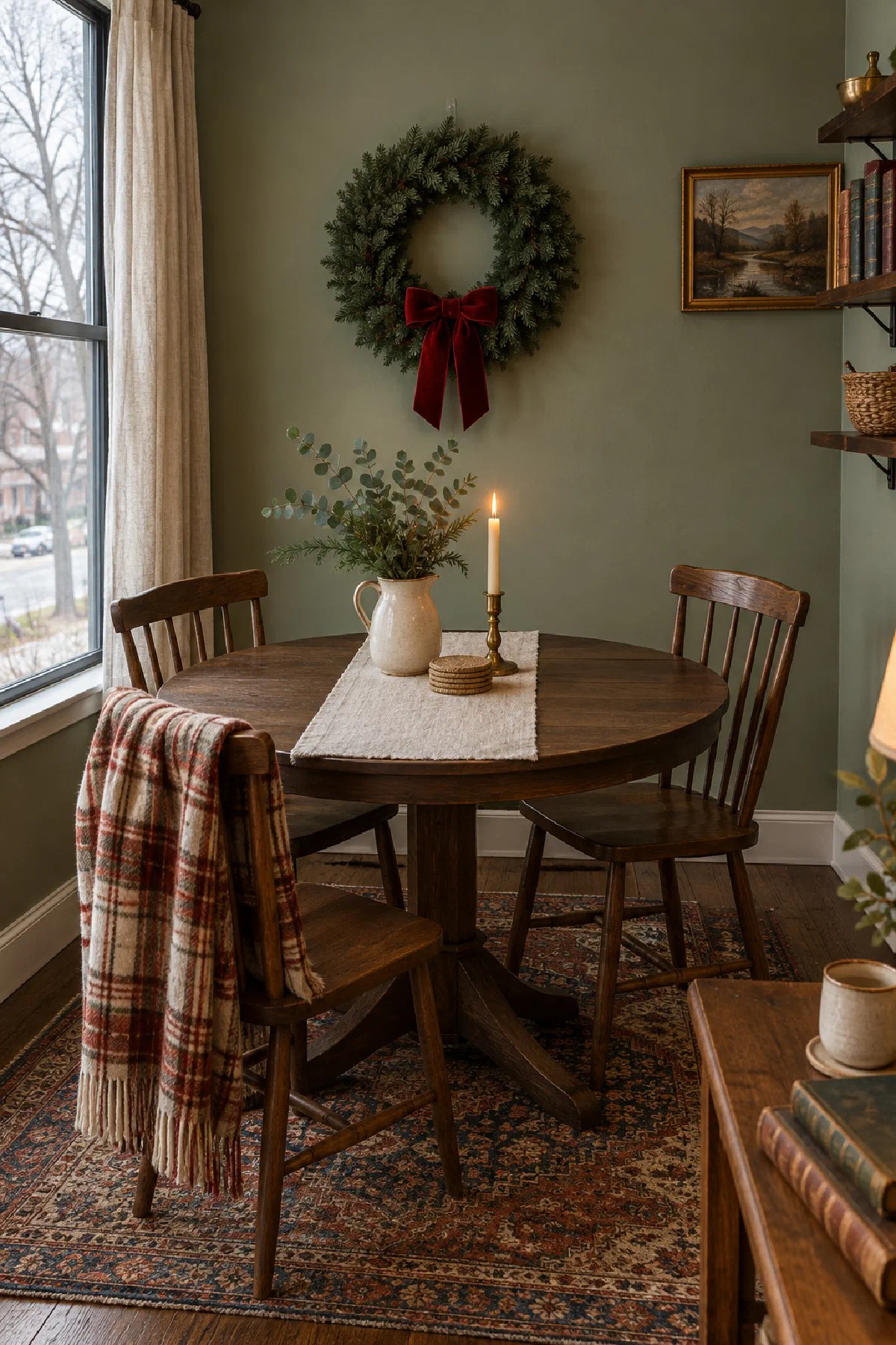 An evergreen wreath with a red velvet bow on a painted wall above a small round dining table and two wooden chairs in an apartment corner