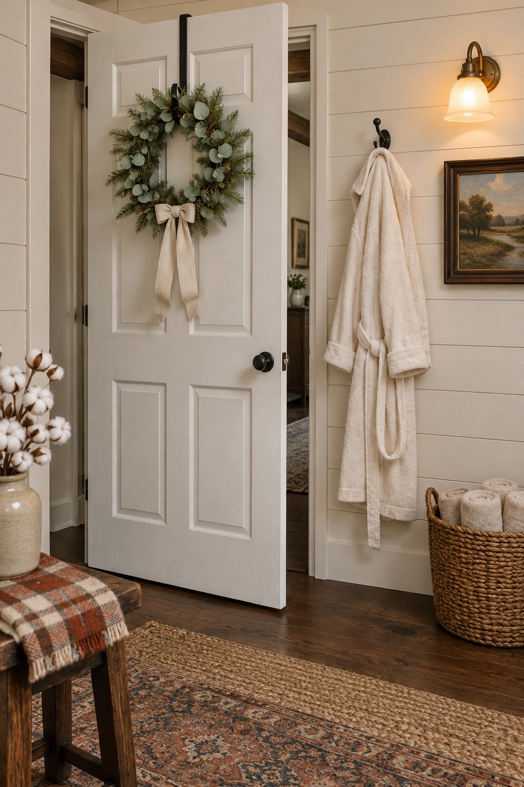 Inside of a white paneled bathroom door with a faux eucalyptus and pine wreath tied with a cream linen ribbon hanging from a slim black over-the-door hanger, beside a cream bathrobe on a hook