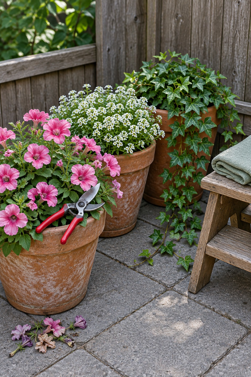 Red-handled bypass pruners resting on a terracotta pot of pink petunias, with snipped faded blooms on the patio pavers beside pots of sweet alyssum and ivy