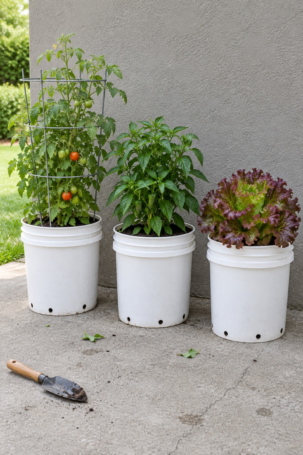 Three white buckets growing a caged tomato, a pepper plant and red-leaf lettuce on a concrete patio