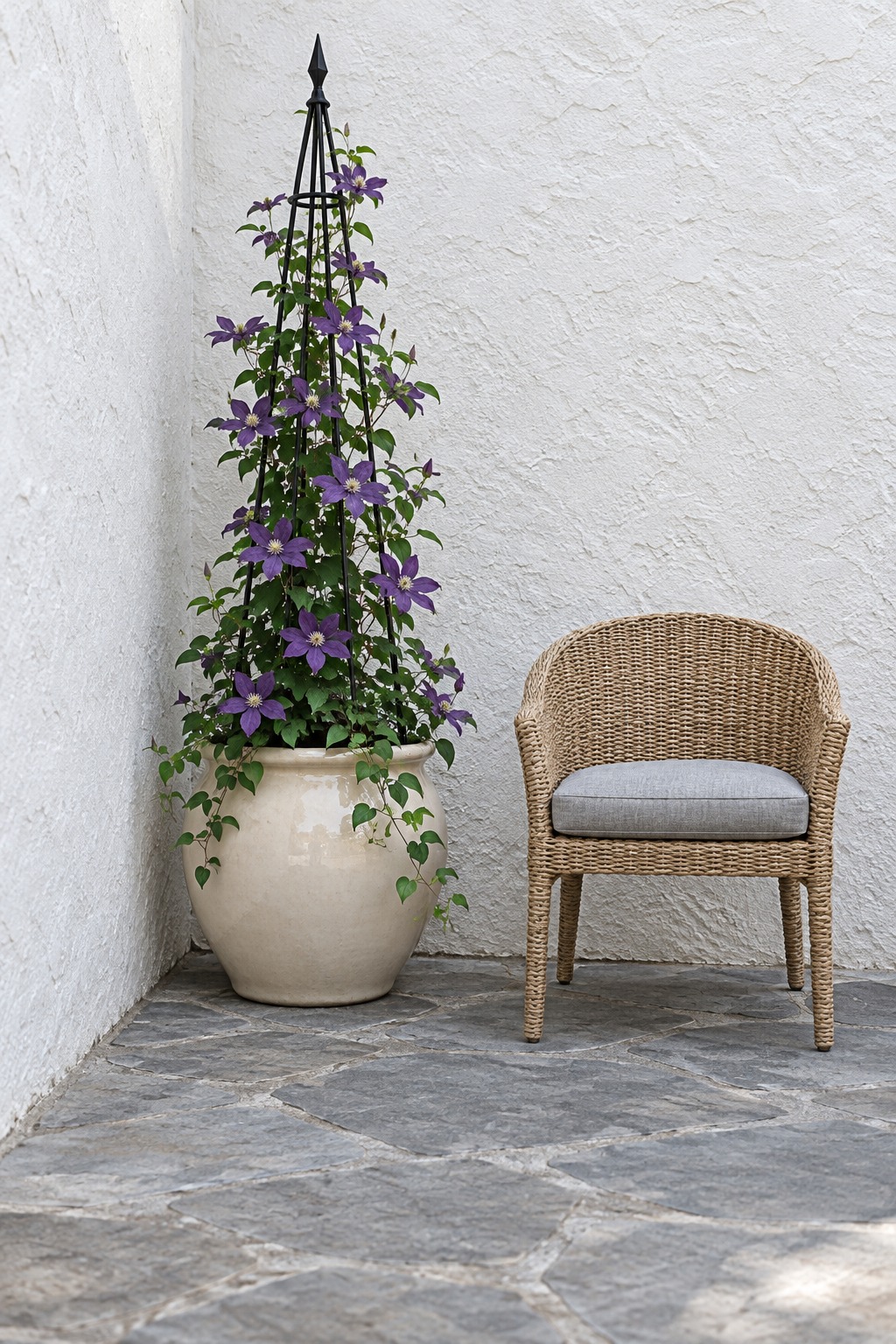 Slim black obelisk with purple clematis in a cream pot beside a small woven chair