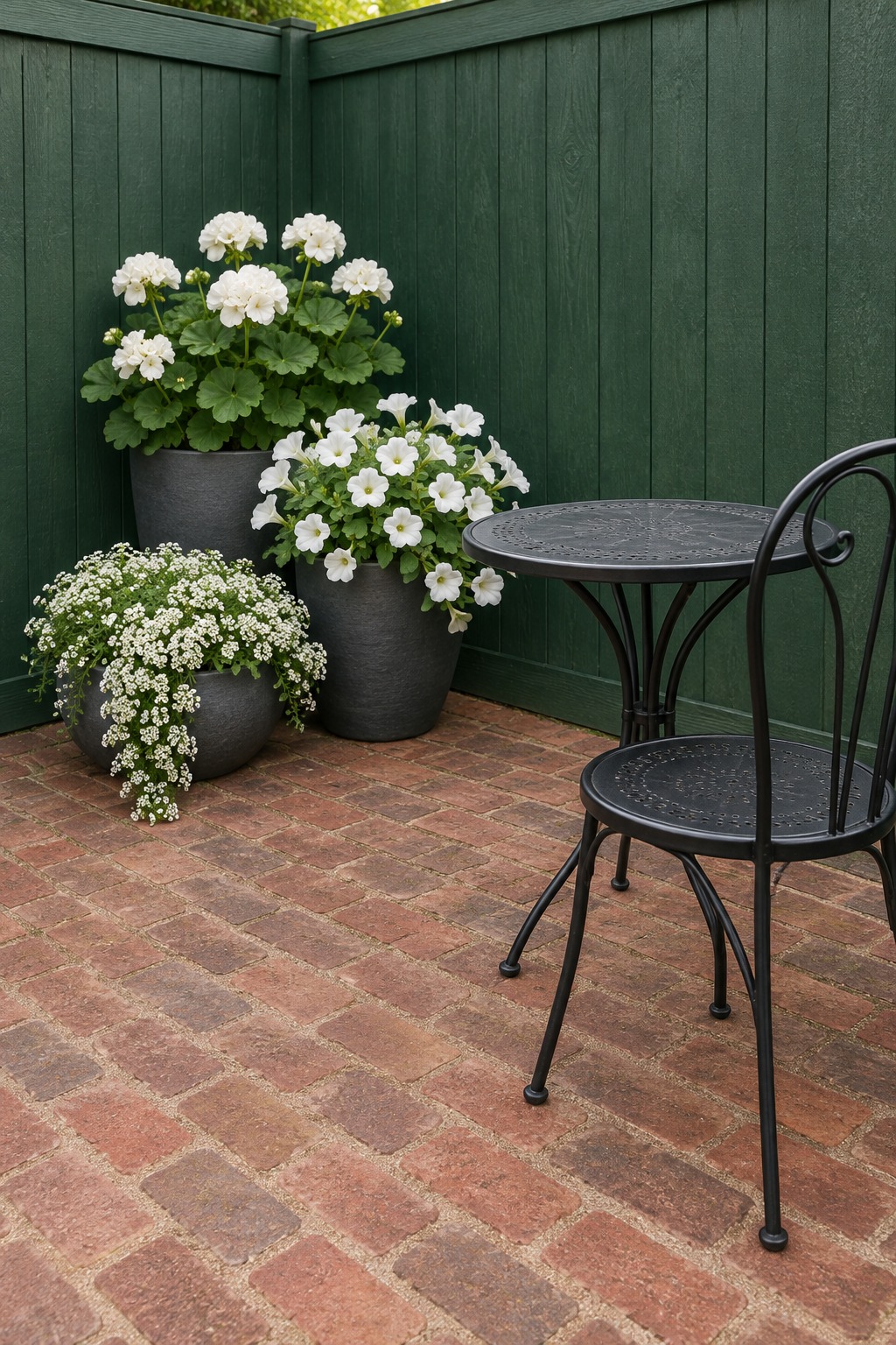 Three charcoal pots of white petunias, geraniums and alyssum on a small brick patio