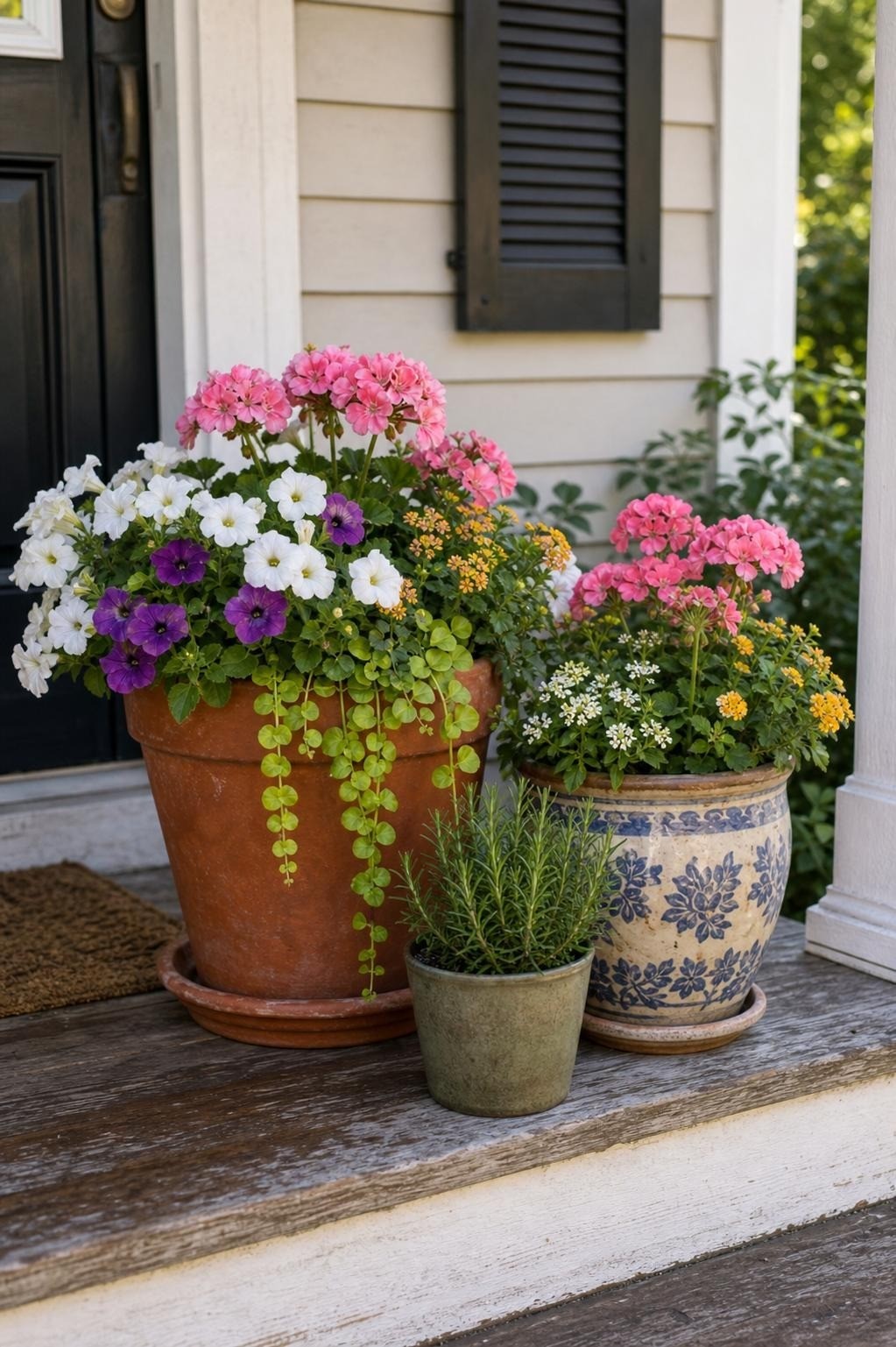 Large and medium containers grouped near a balcony chair