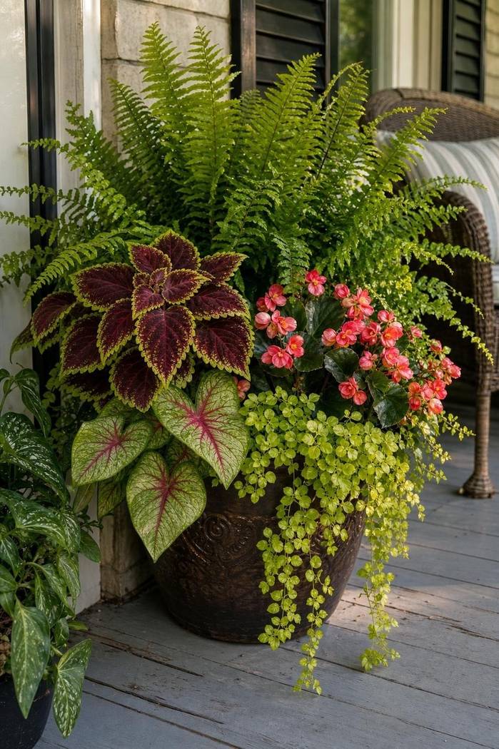 Three containers grouped by height beside an open balcony chair