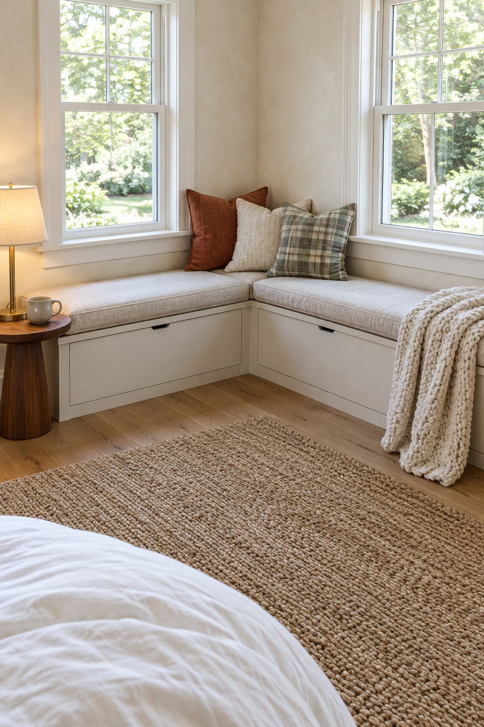 Two upholstered storage benches meeting in an L under two corner windows in a bedroom, with plaid pillows piled in the corner and a lit brass lamp on a round side table