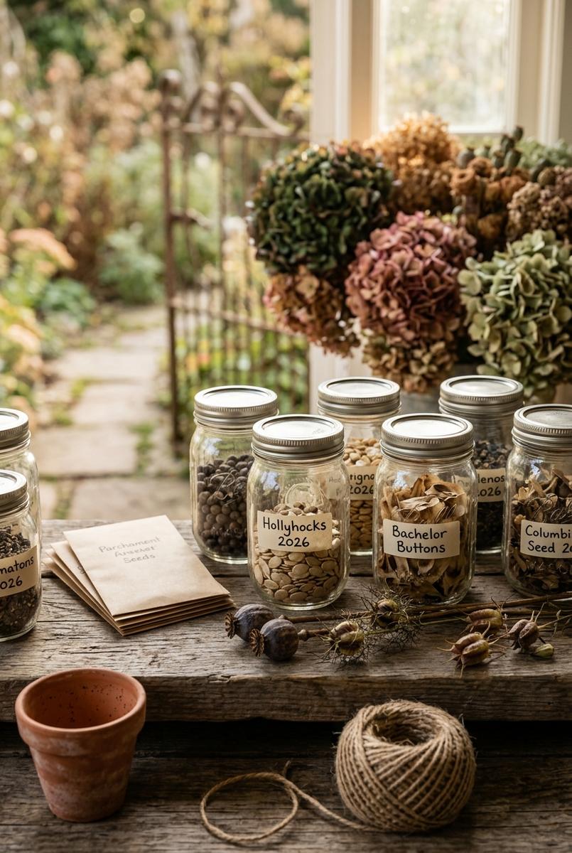 Mason jars filled with labeled saved seeds on wooden shelf, cottage garden varieties including hollyhocks and bachelor buttons