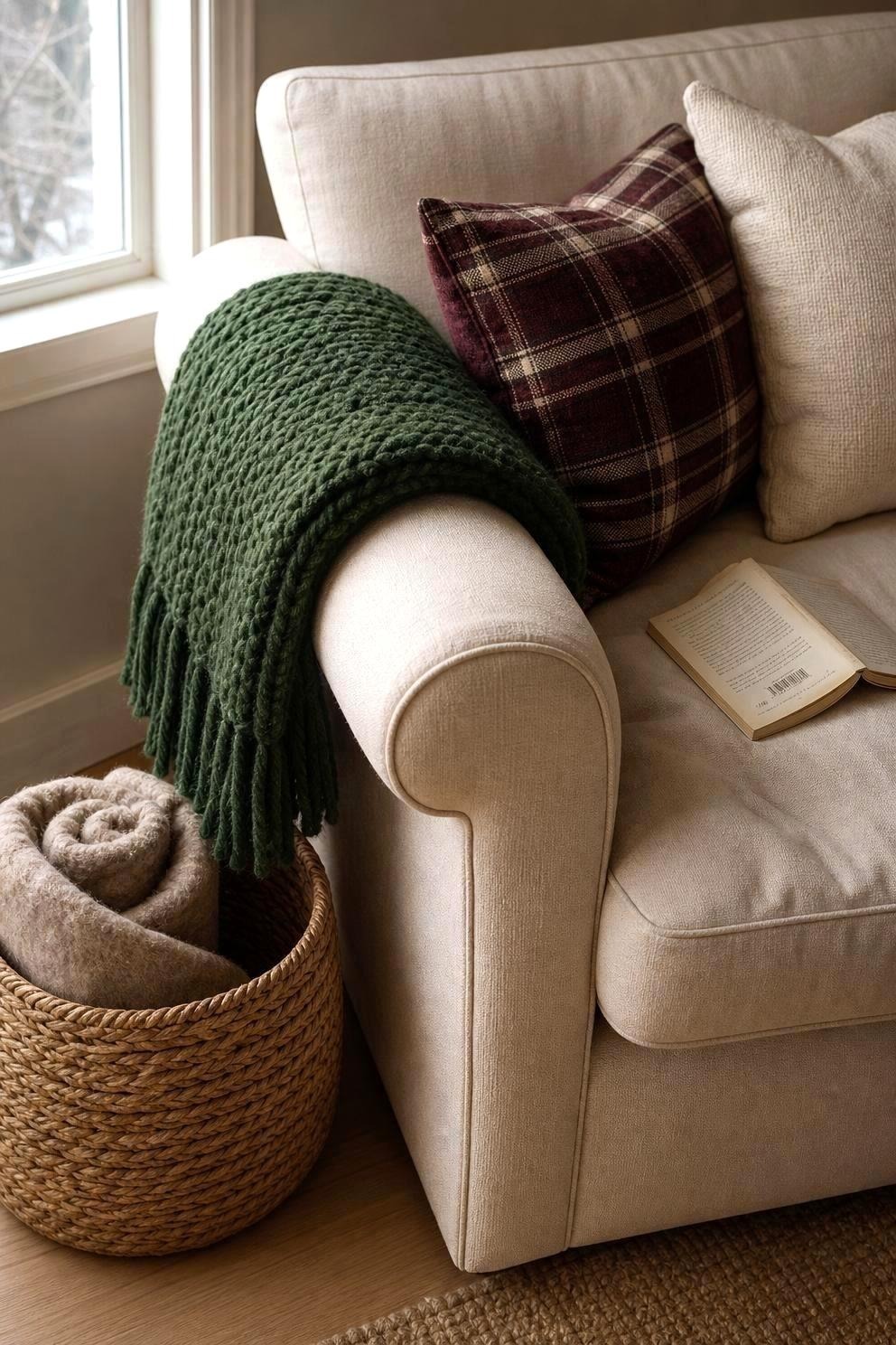 Cream sofa with a green knitted throw, plaid cushions and a basket of spare blankets