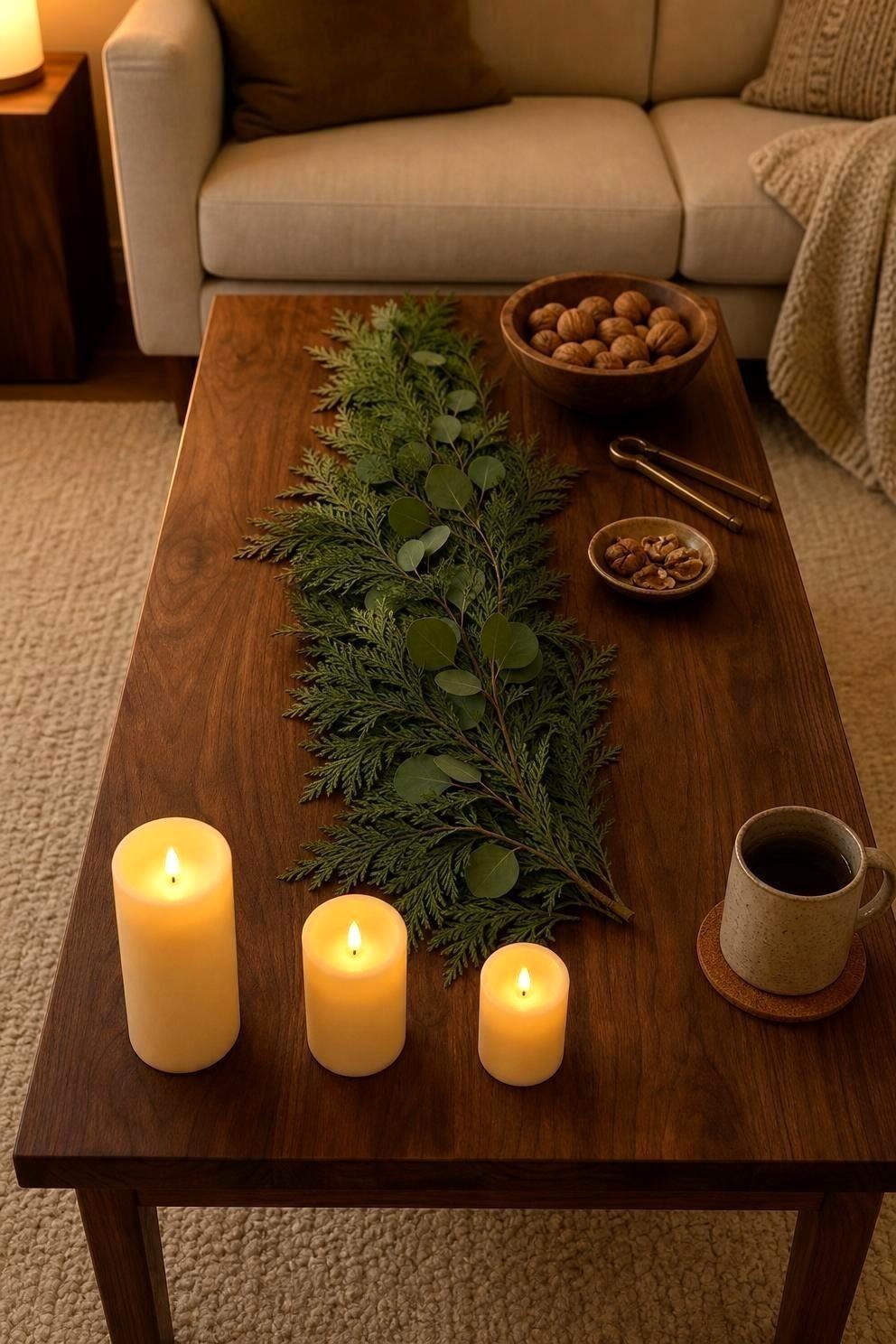 Wood coffee table with greenery, pillar candles and a bowl of walnuts