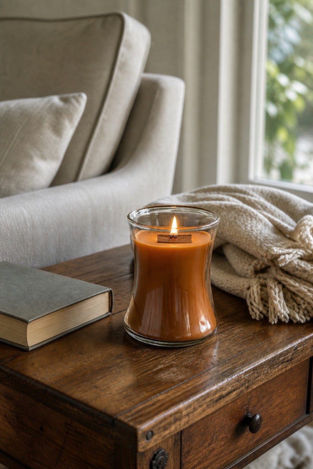 Wood wick autumn candle burning on a side table with warm light