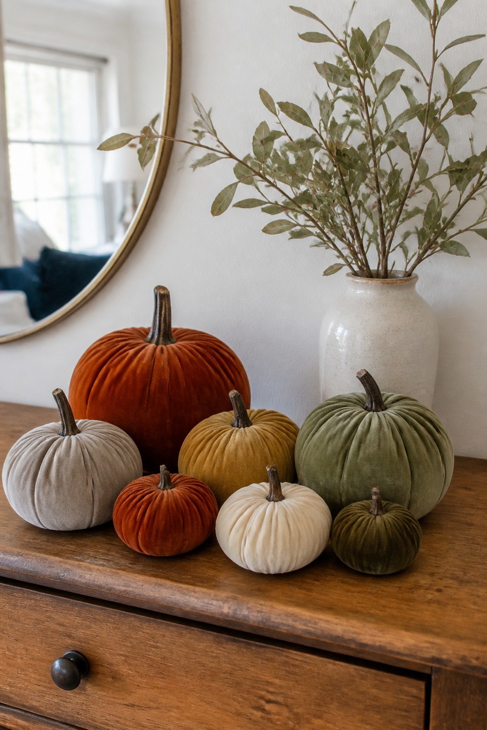 Faux velvet pumpkins in rust, muted gold, olive green, warm gray, and cream grouped on a wooden console