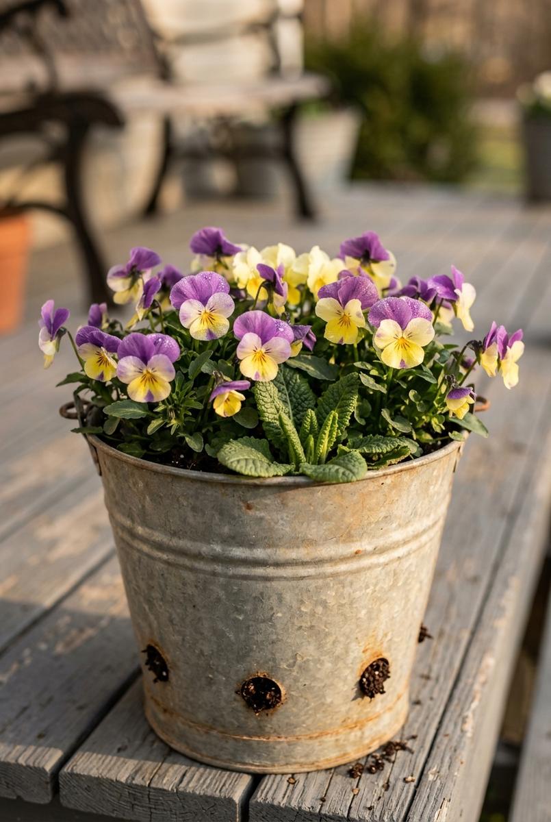 Wooden porch chair beside containers of spring flowers