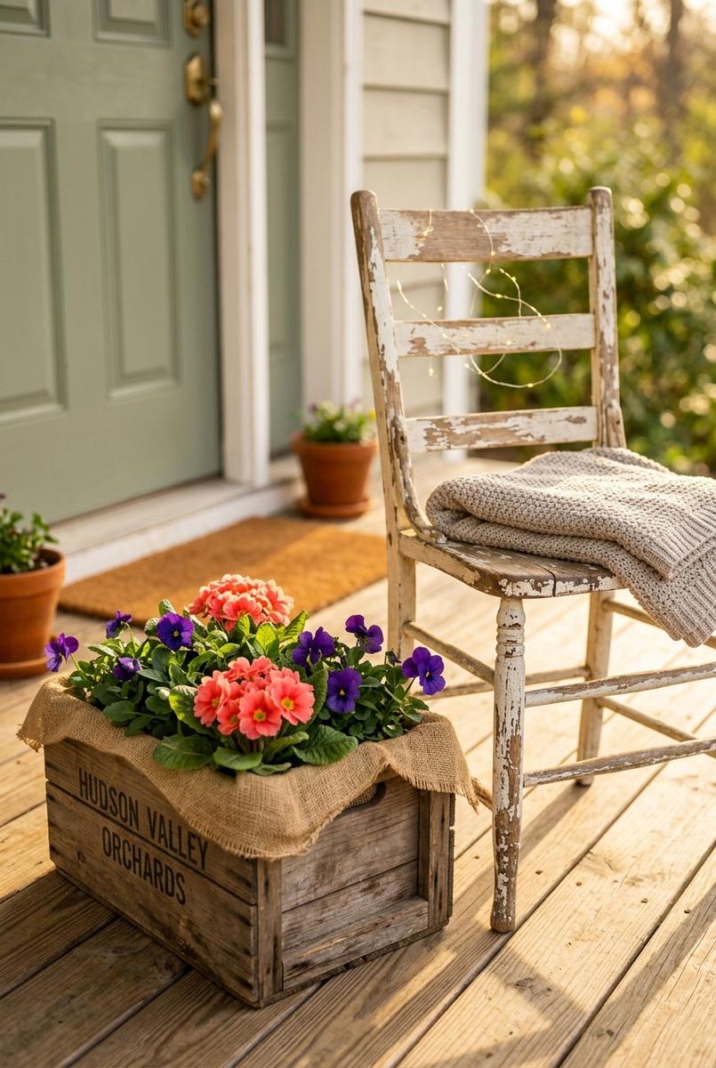 Spring planters beside a weathered porch chair and cushion
