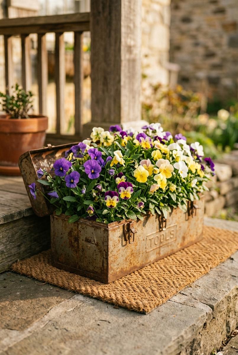 Repurposed metal container displaying spring flowers beside a porch welcome mat