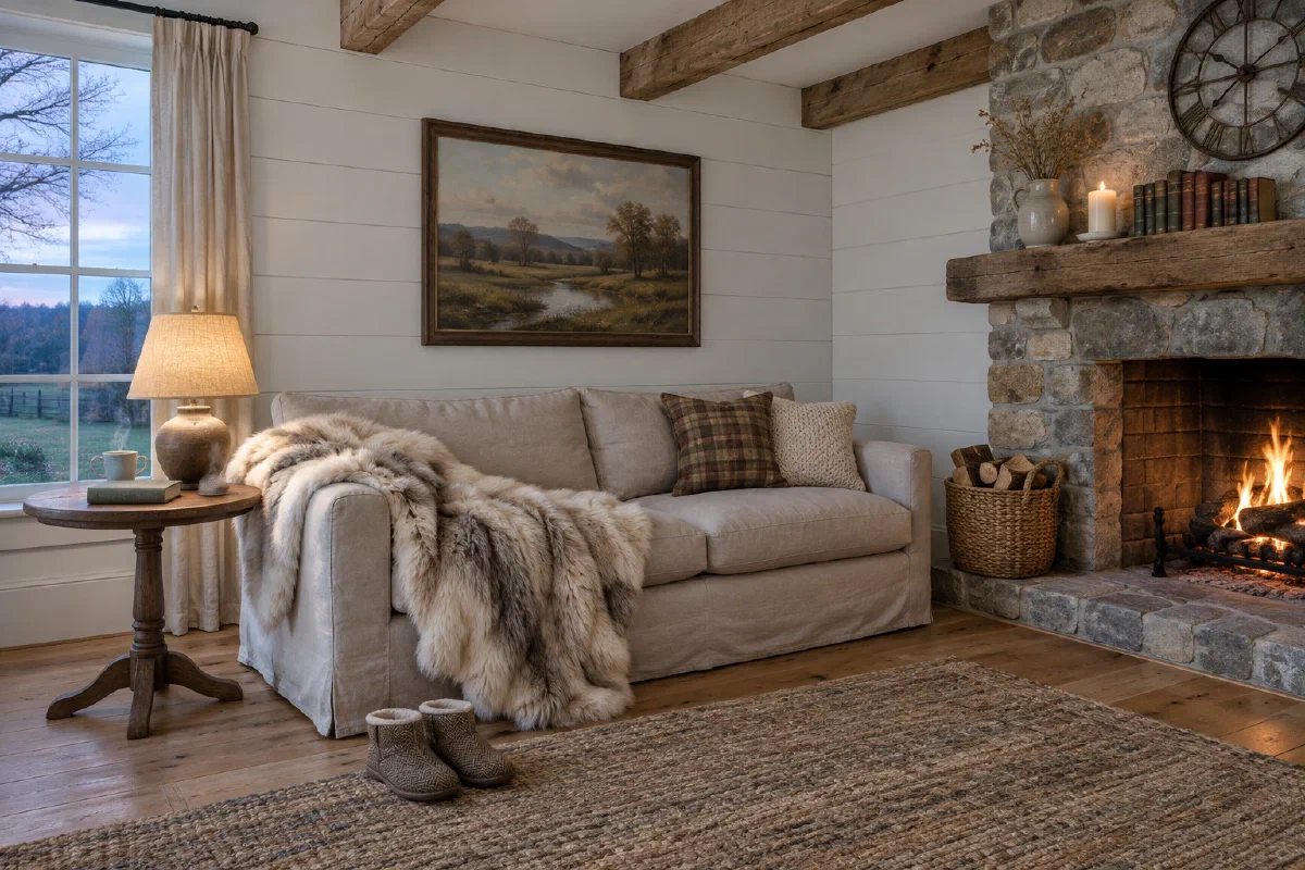 Lit farmhouse living room in the evening with a fire going, a faux fur throw over the sofa arm, a steaming mug and a small lamp on the side table