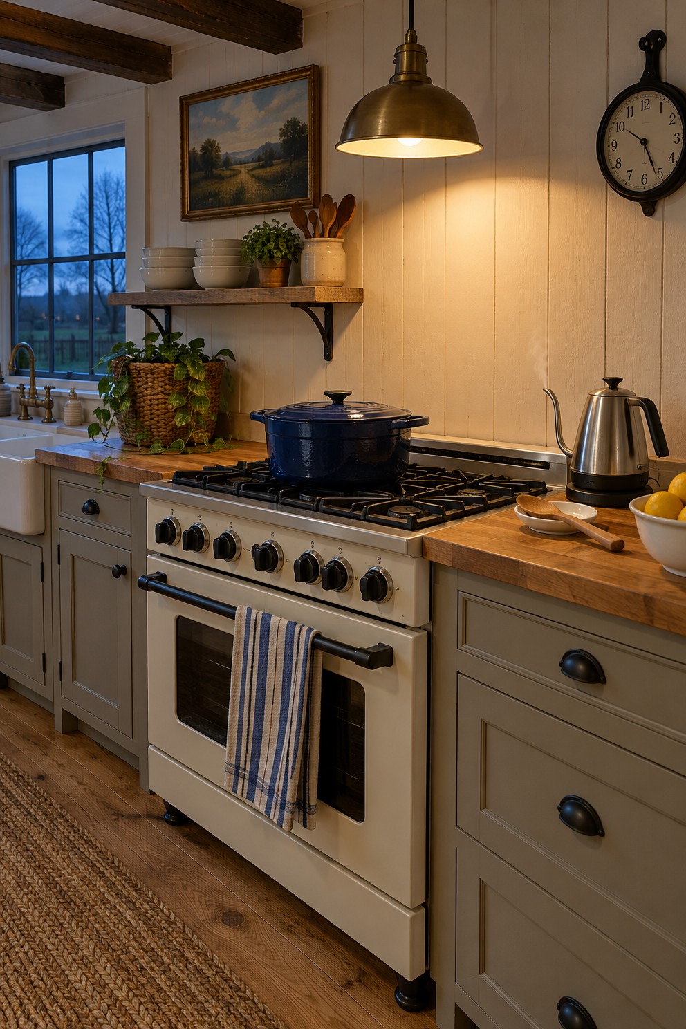 A farmhouse kitchen at dusk with an enameled Dutch oven on the stovetop, a stainless gooseneck kettle, a wooden spoon and a folded dish towel