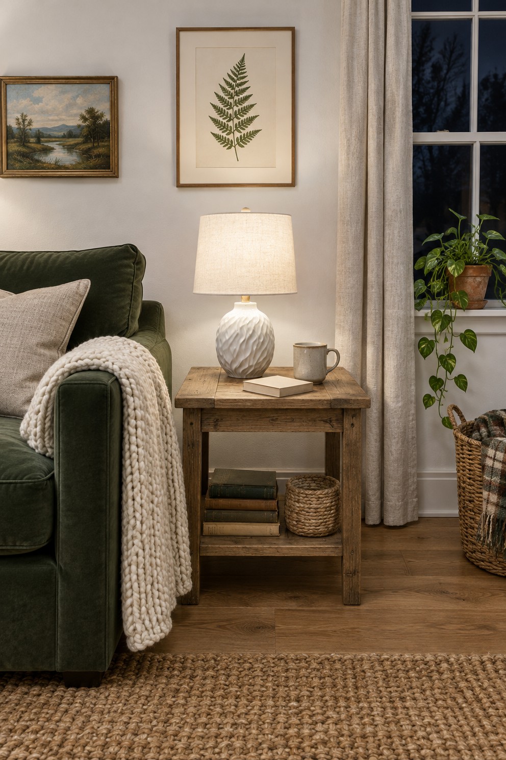 A farmhouse sofa corner in the evening with a white ceramic table lamp glowing, a folded throw, a book and a mug on a side table