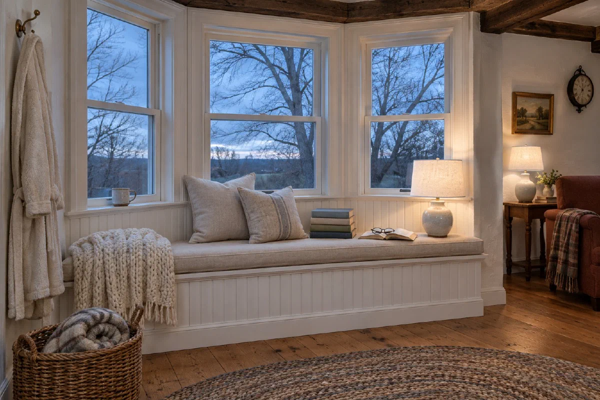 A bay window reading nook at dusk with a cushioned bench, a lamp on, a throw, a stack of books and a robe on a wall hook