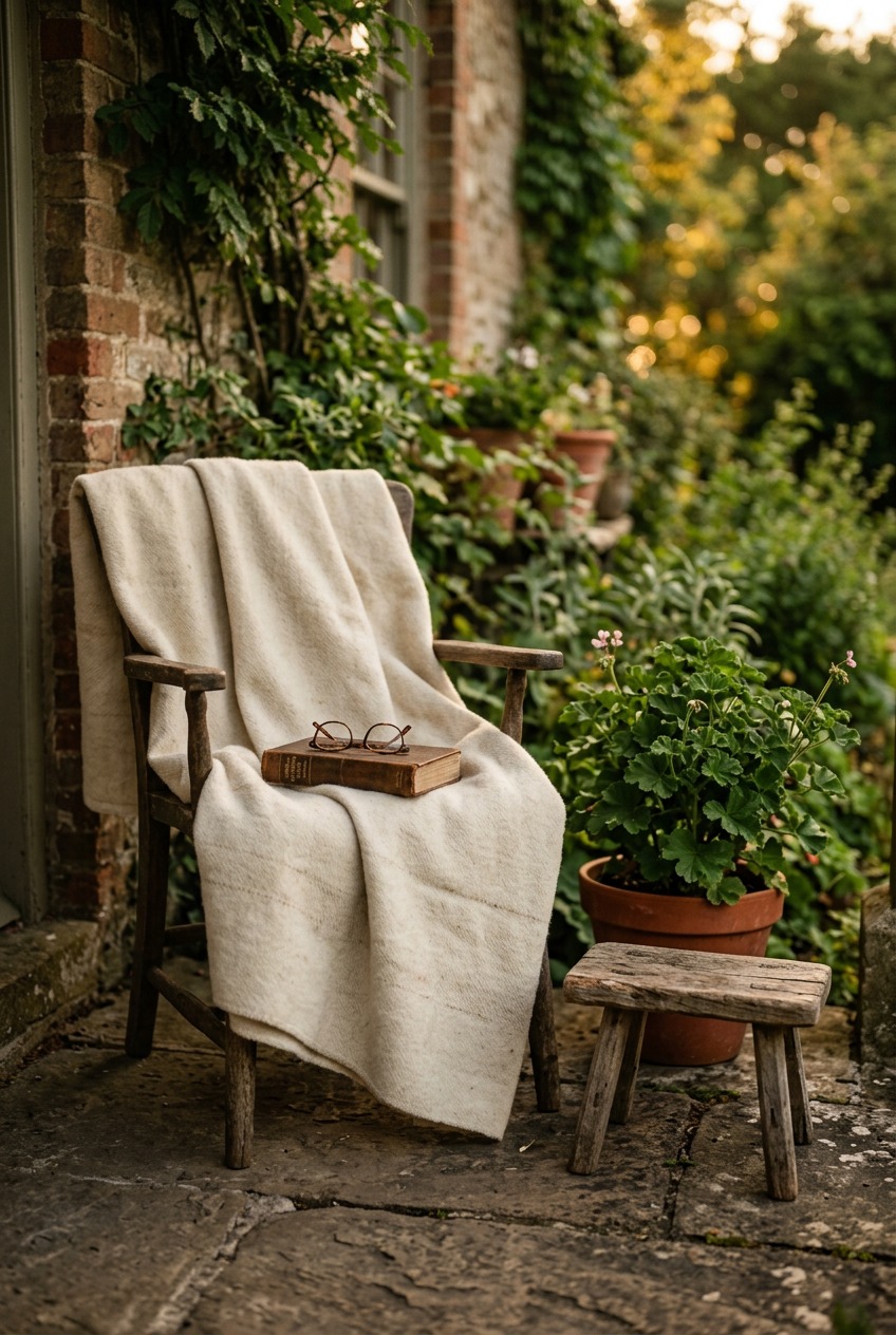 Single cushioned porch chair with a book on a small covered porch