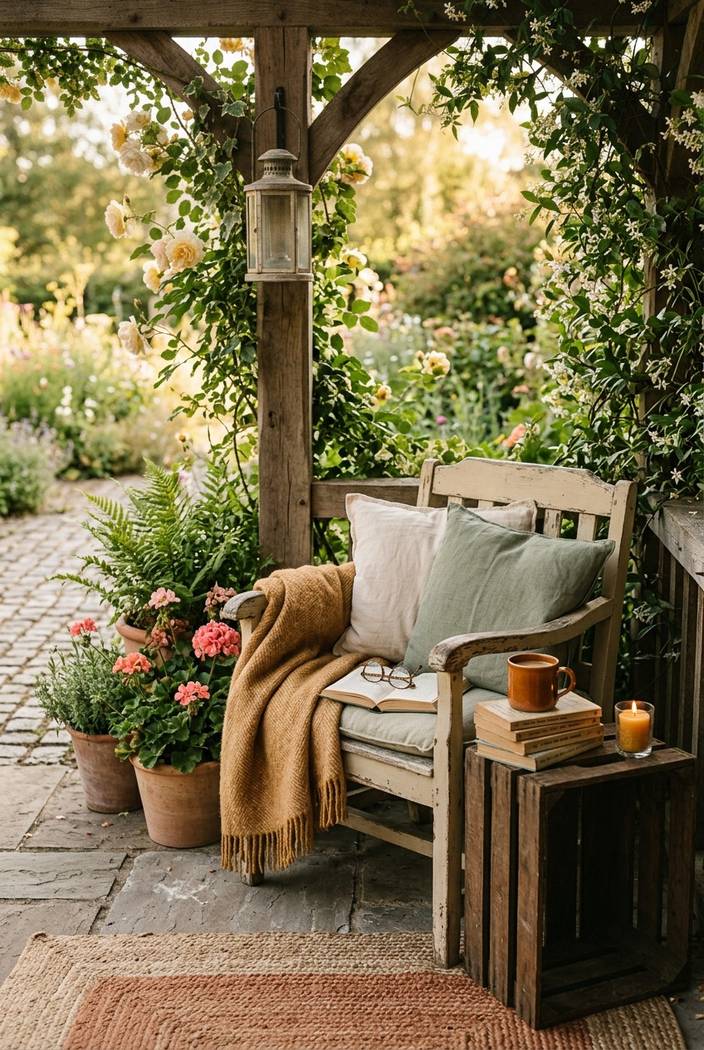 Warm string lights and a lantern beside a porch reading chair at dusk