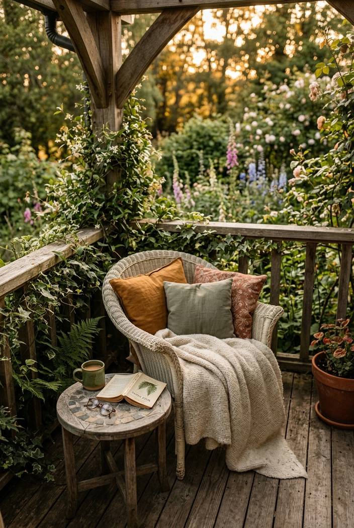 A small porch reading area with a chair, side table and cushions