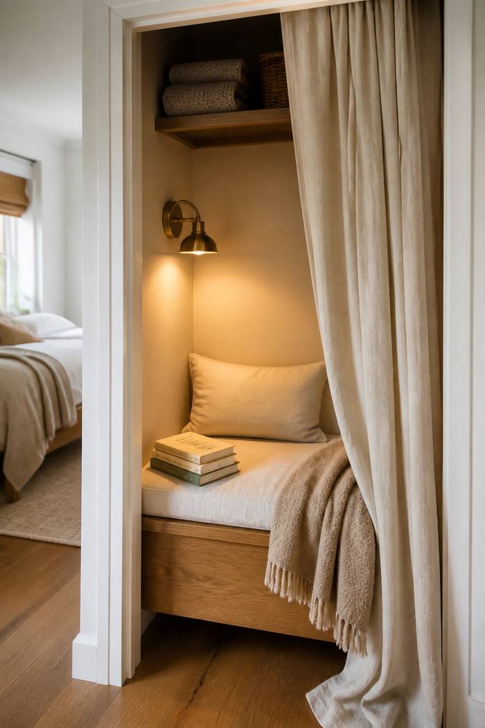 shallow closet converted into a reading nook with a low bench, wall light, books, and a linen curtain