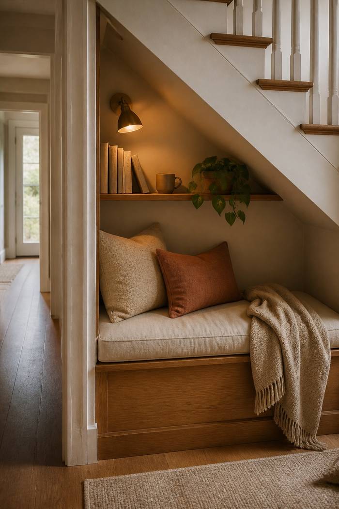 small under-stair reading nook with a low upholstered bench, warm reading light, books, and a trailing plant