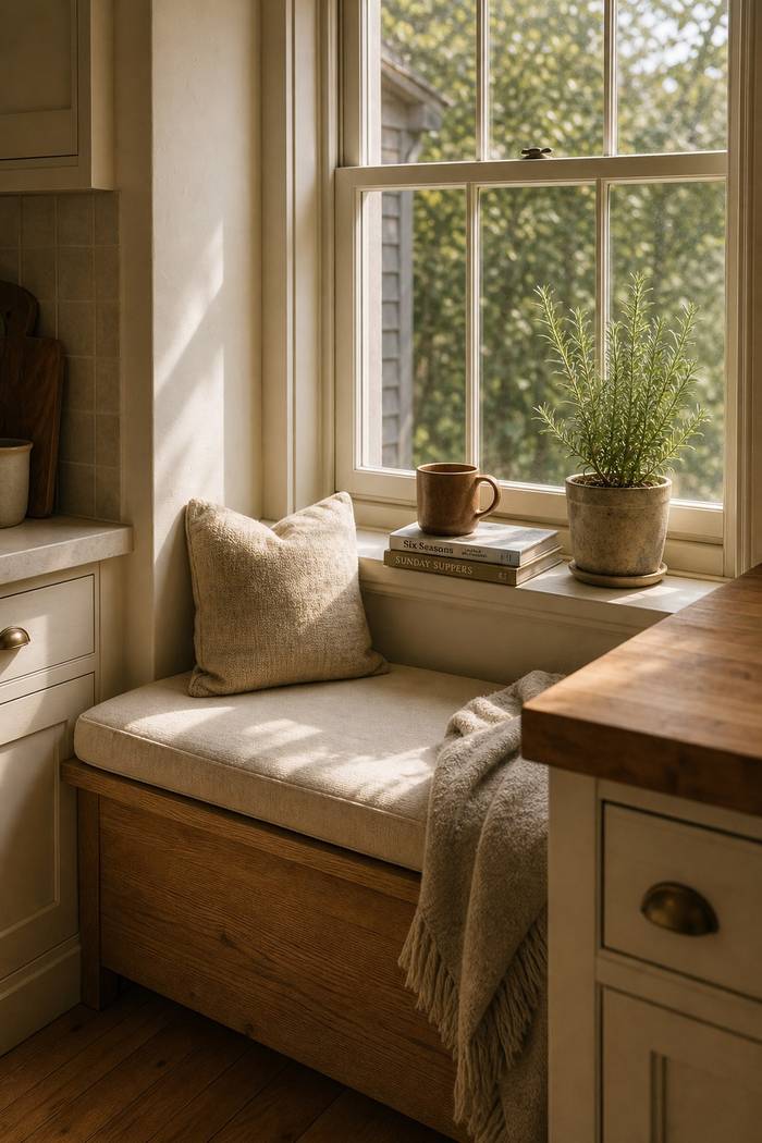 narrow kitchen window reading bench with a washable cushion, books, mug, and potted rosemary