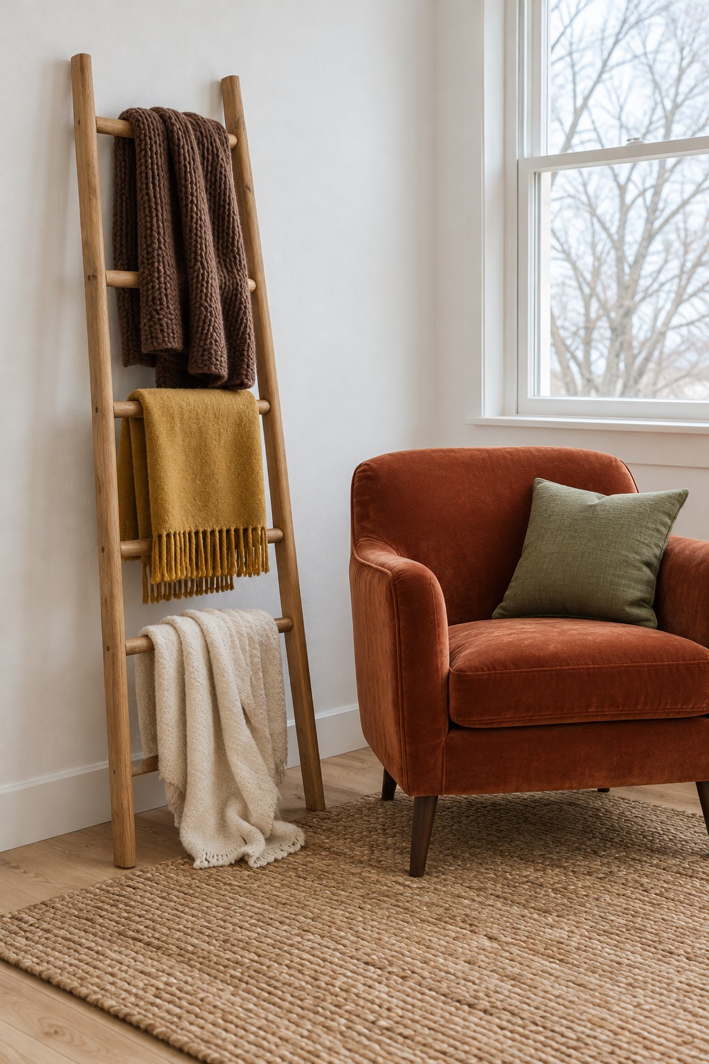 Wood blanket ladder with brown, mustard and cream throws beside a rust velvet armchair