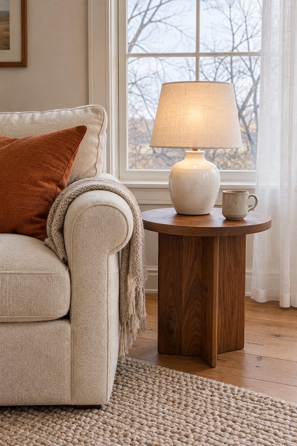 Cream sofa end with a lit ceramic lamp on a walnut side table and a rust-orange pillow