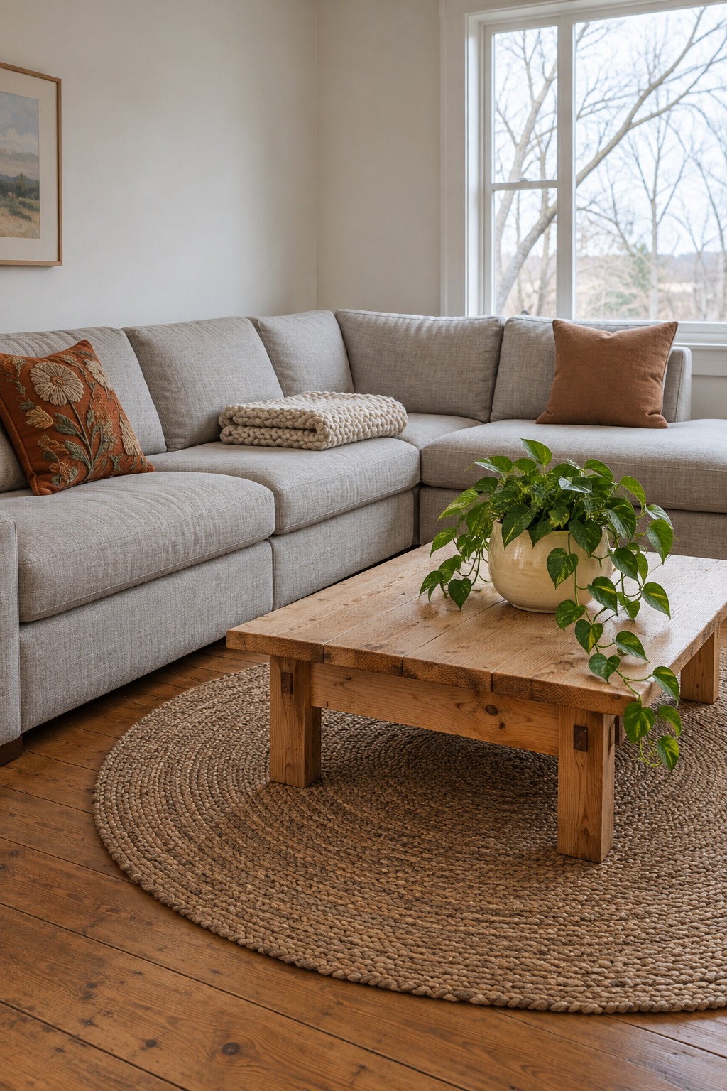 Light gray sectional with an embroidered terracotta pillow at one end and a plain clay pillow at the other