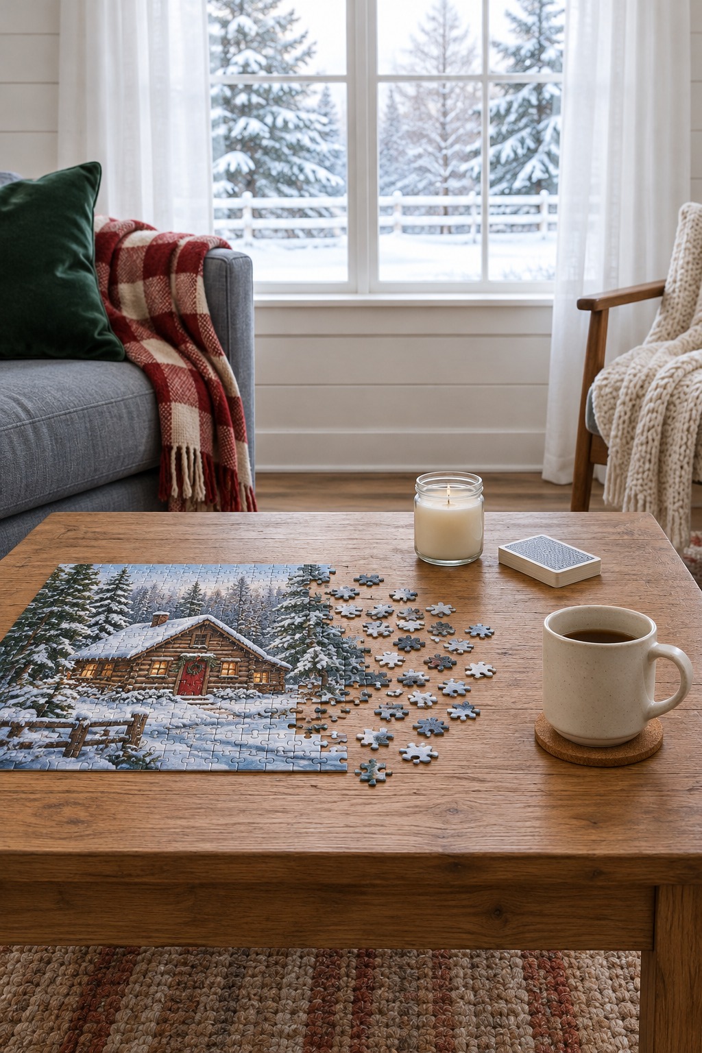 Oak coffee table in a bright farmhouse living room with a half-finished winter cabin jigsaw puzzle, a small glass-jar candle, a box of playing cards and a cream mug, with a window showing snow behind