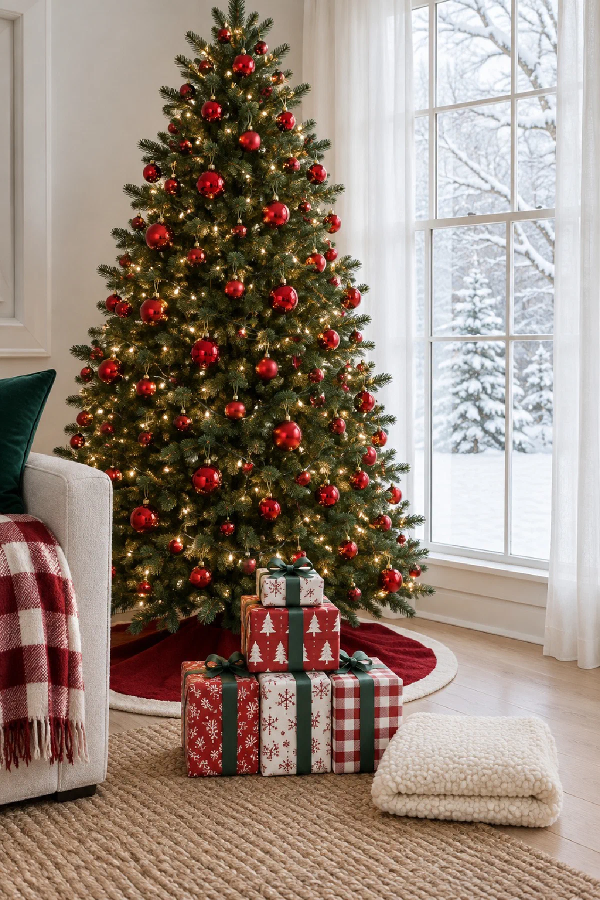 Bright living room with a decorated Christmas tree, a stack of gifts wrapped in red and white Christmas paper with green ribbon and a cream sherpa throw folded in front, with a tall window showing snow