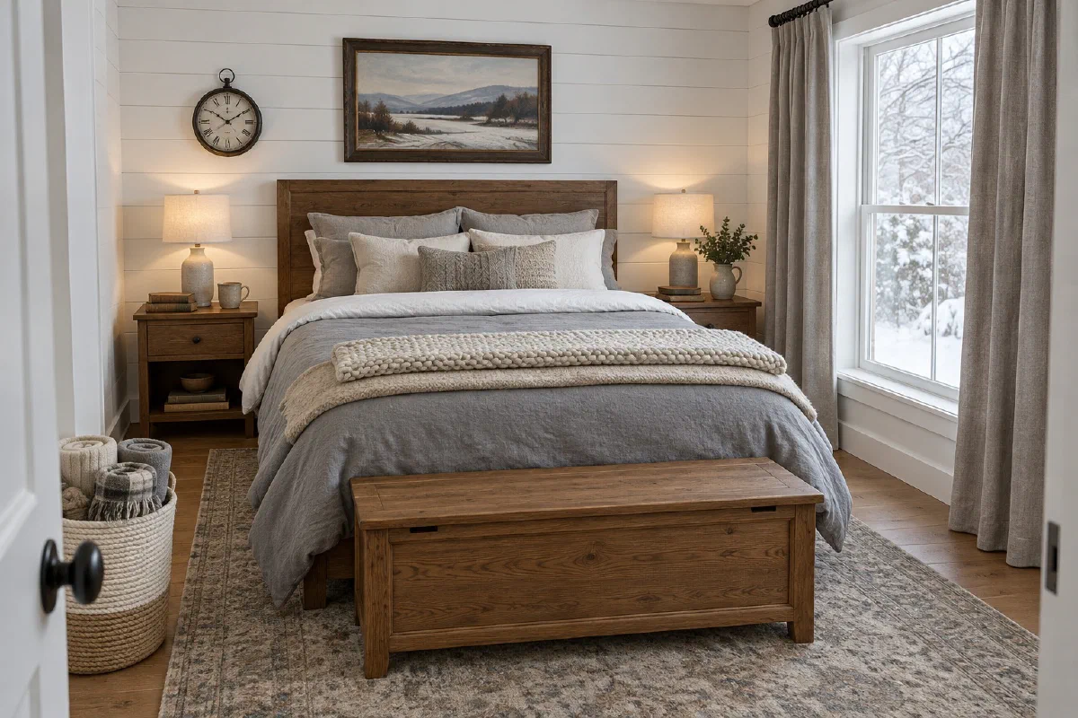 Small winter bedroom with a made bed in gray and cream layers, a knit throw across the foot, a storage bench at the end of the bed, two lit bedside lamps and a window showing snow
