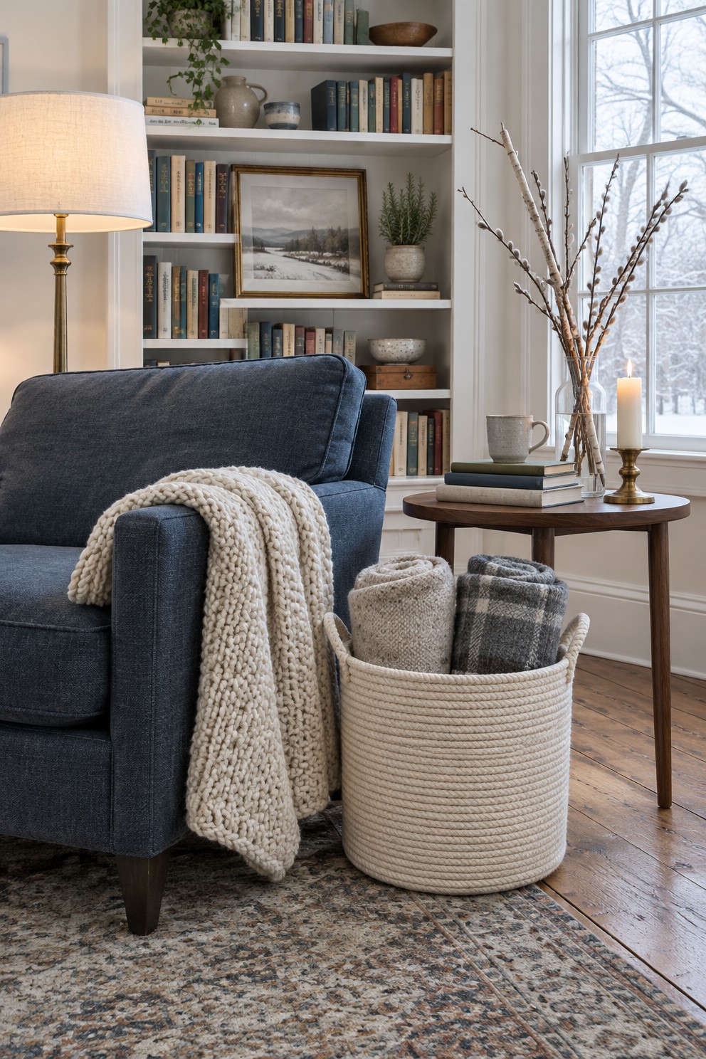 A slate blue armchair with a knit throw beside a cotton rope basket of rolled throws, a lit lamp, birch and pussy willow branches in a vase and a lit candle by a snowy window