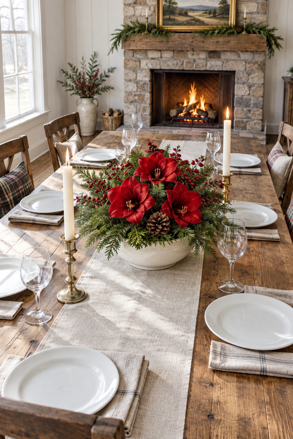 Three red amaryllis flowers cut short in a cream bowl with cedar, fir and red berries on a Christmas dinner table with candles
