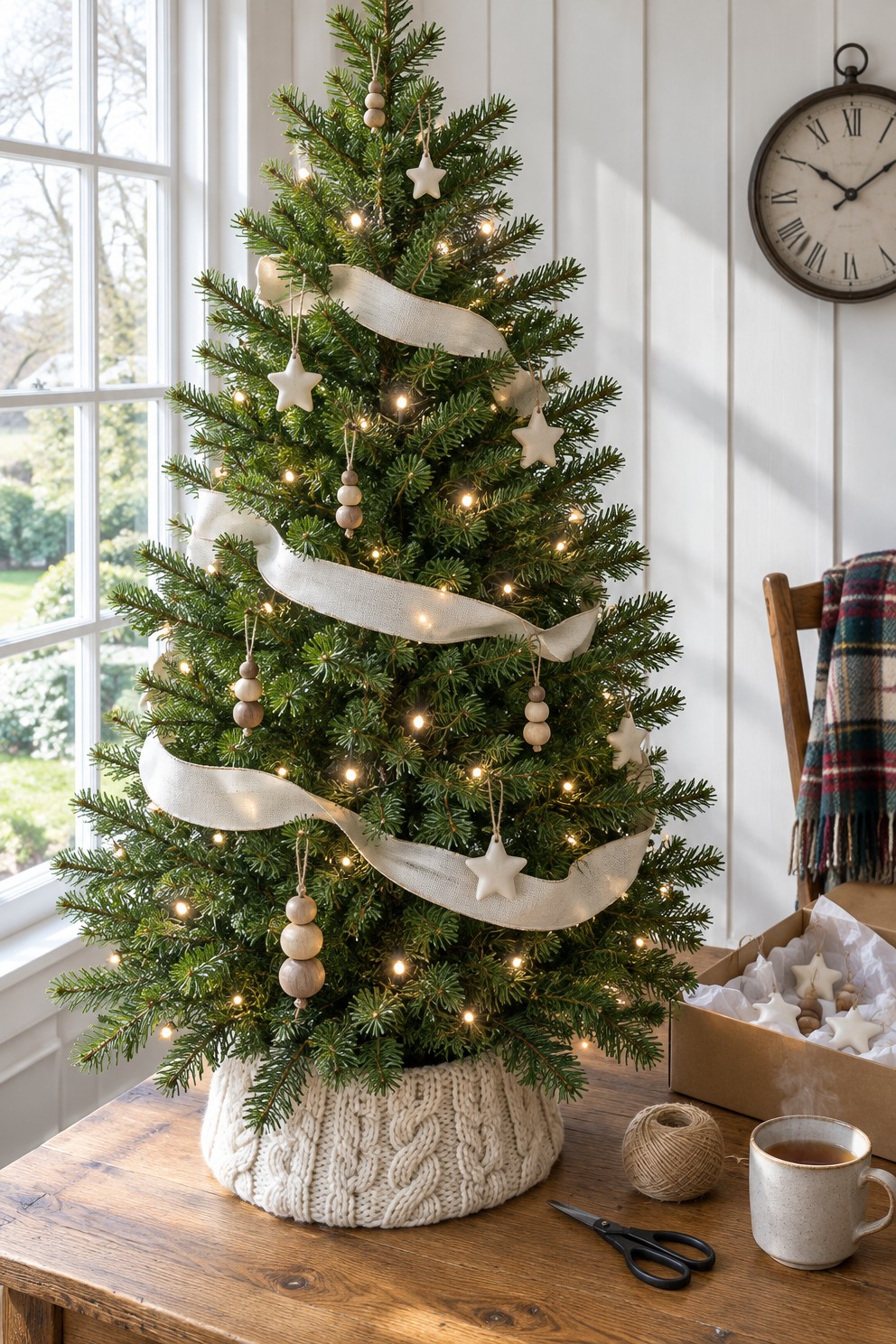 Small pre-lit Christmas tree on a pine table decorated with cream stars, wooden bead ornaments and a wide cream ribbon, with a knit collar at the base